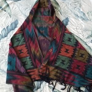 2 for $35*Boho hooded poncho w/ fringe and buttons